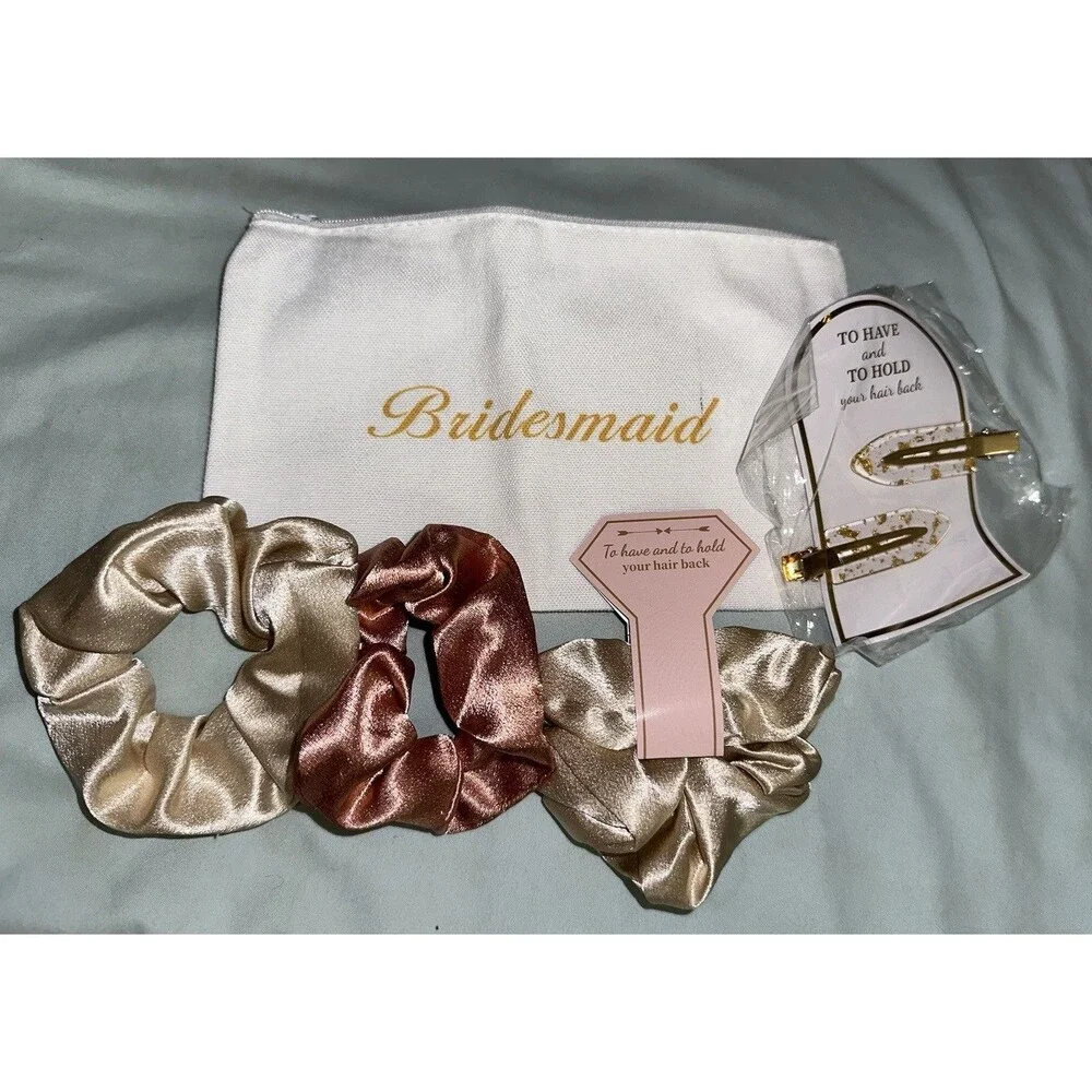 Bridesmaid Gift Set – Satin Scrunchies, Hair Clips, & Cosmetic Bag | Wedding
